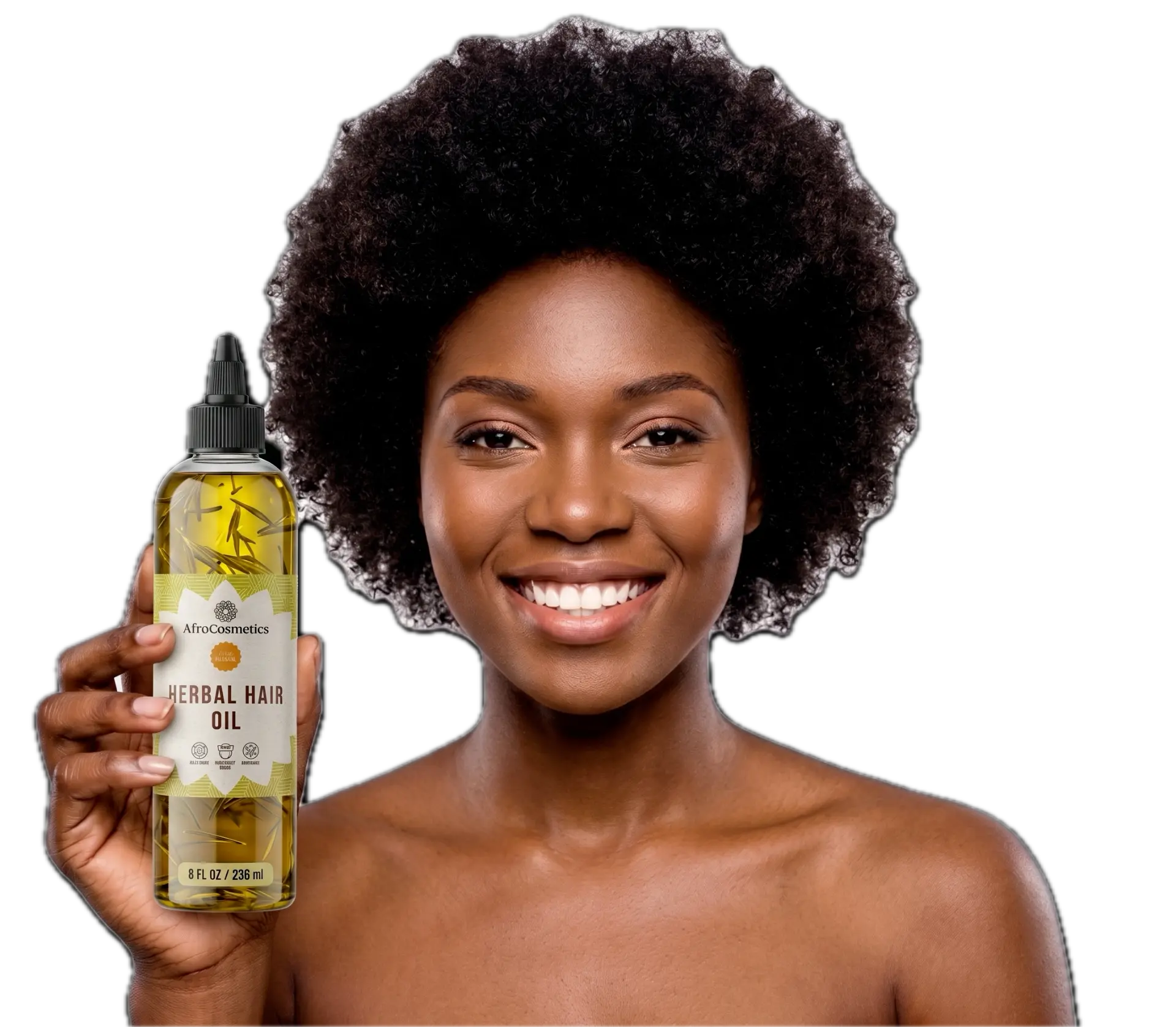 Happy customer holding Jamaican Miracle Grow Herbal Hair Oil